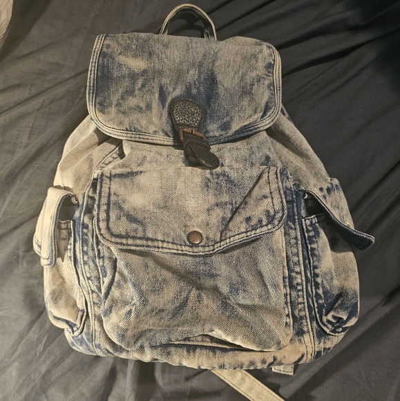 Vintage Acid Wash Grunge White Blue Denim Cotton Large Drawstring Backpack Purse - Picture 1 of 16